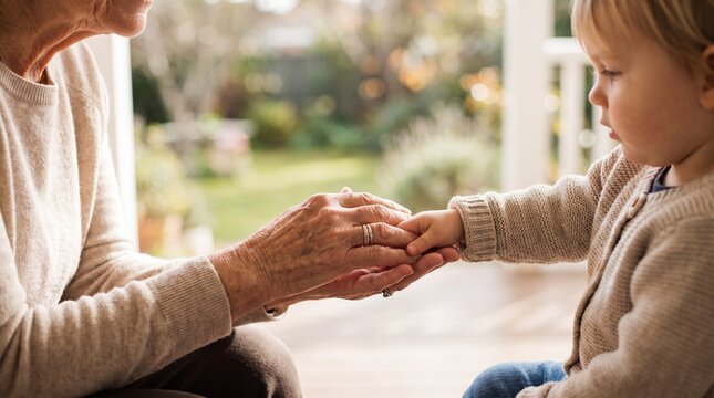 Grandmother holding grandchilds hand with love and care