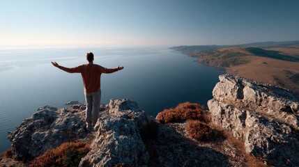 Obraz premium Serene Summit: A lone figure stands with arms outstretched on a rugged cliff edge, embracing the breathtaking panorama of the vast ocean and distant coastline under a clear, azure sky.