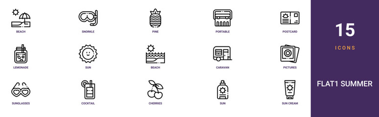 Set of 15 outline web Flat1 Summer icons such as sun cream, sun, cherries, cocktail, sunglasses, pictures, caravan vector icons for report, presentation, diagram, web design, mobile app
