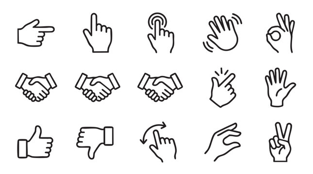 Hand cursor click and touchscreen interaction icons. Vector UI elements for digital navigation and user interface design.