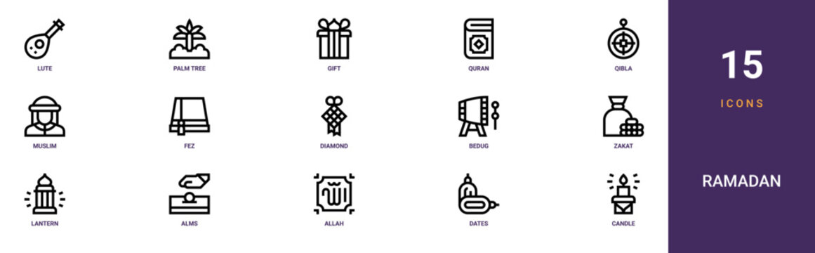 Set of 15 outline web Ramadan icons such as candle, dates, allah, alms, lantern, zakat, bedug vector icons for report, presentation, diagram, web design, mobile app