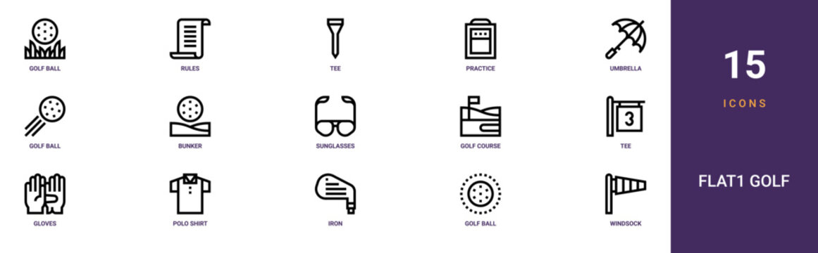 Set of 15 outline web Flat1 Golf icons such as windsock, golf ball, iron, polo shirt, gloves, tee, golf course vector icons for report, presentation, diagram, web design, mobile app