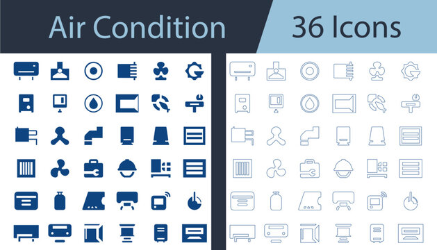 Air conditioning flat, outline vector icon set featuring air conditioner, ventilation, radiator, smart thermostat, and water heater for HVAC web UI design.