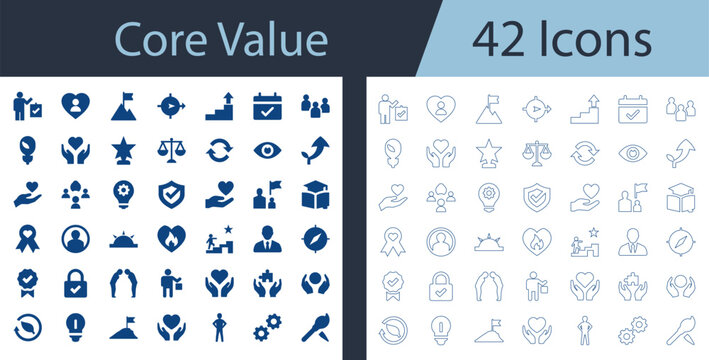 Core value flat, outline vector icon set featuring teamwork, ethics, leadership, growth, trust, and responsibility for corporate web UI design.