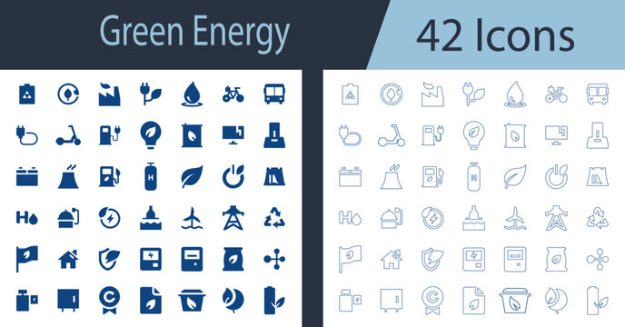 Green energy flat, outline vector icon set featuring solar inverter, battery recycling, charging station, eco house, and wind turbine for web UI design.
