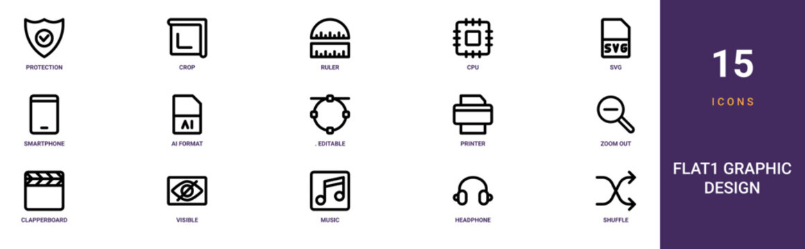 Set of 15 outline web Flat1 Graphic Design icons such as shuffle, headphone, music, visible, clapperboard, zoom out, printer vector icons for report, presentation, diagram, web design, mobile app
