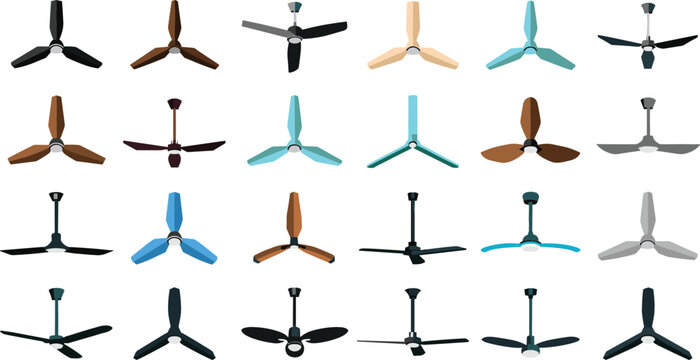 Modern ceiling fan vector icon collection showing different models wooden textures metal finishes and blade variations for interior ventilation