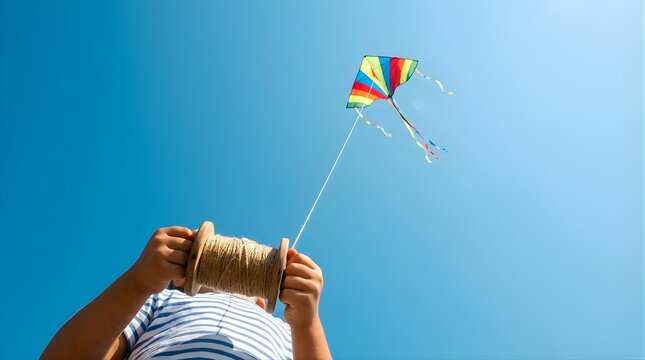 Child flying a colorful kite against a bright blue summer sky outdoors