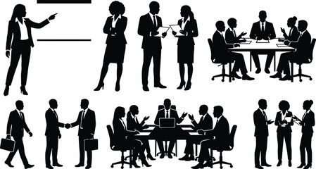 Fototapeta premium Business People Silhouette Collection with Meeting, Presentation, Handshake, Discussion and Corporate Teamwork Isolated on White Background