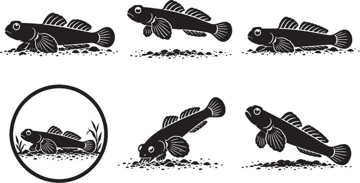 Marine Hectors Goby Silhouette Icon Set Black Reef Goby Fish Vector Collection Isolated on White Background