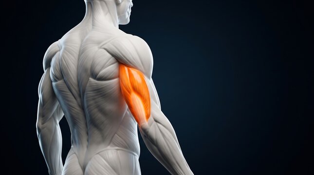 3D anatomical illustration of human male triceps muscle highlighted on the upper arm against a dark background, showcasing muscular structure.