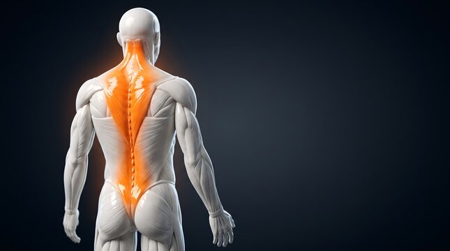 3D rendering of human back muscles, highlighting the trapezius and latissimus dorsi in orange on a male anatomical figure.
