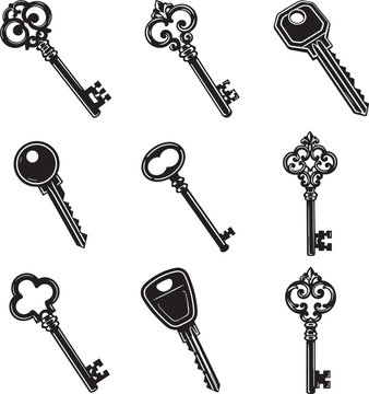 Vintage and Modern Key Vector Icon Set Collection with Antique Skeleton Keys and House Door Keys Isolated on White Background