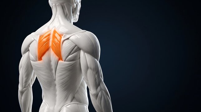 3D rendering of human back muscles with rhomboids highlighted in orange, illustrating anatomical structure.