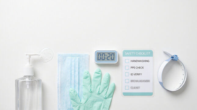Top View of Medical Safety Checklist, Hand Sanitizer, PPE, and 20 Second Timer on White, World Patient Safety Day Concept