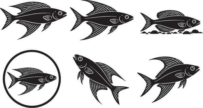 Freshwater Celebes Rainbowfish Silhouette Icon Set Black Vector Tropical Aquarium Fish Collection Isolated on White Background