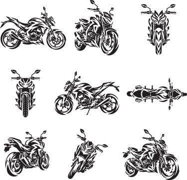 Sport Motorcycle Vector Icon Set Collection with Naked Street Bike, Performance Motorbike, and High Speed Racing Motorcycle Silhouettes Isolated on White Background