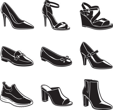 Women's Footwear Vector Icon Set Collection with High Heels, Pumps, Sandals, Loafers, Sneakers, Mules, and Ankle Boots Isolated on White Background
