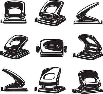 Office Hole Puncher Vector Icon Set Collection with Different Single and Two Hole Paper Punch Designs Isolated on White Background
