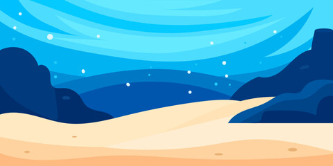 Fototapeta premium Deep Underwater Blue Ocean Floor Background with Sand and Bubbles for Graphic Illustration