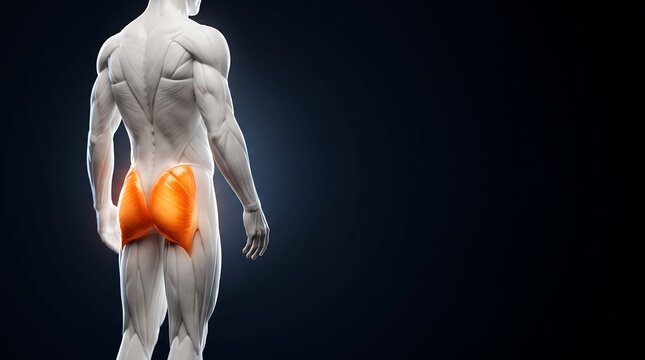 A 3D anatomical rendering of the human gluteus maximus muscle highlighted on a male figure from the posterior view.