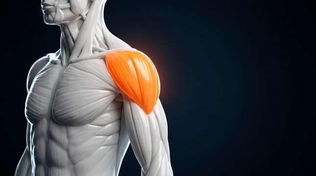 3D rendering of human anatomy showing the deltoid muscle highlighted in orange on a male figure's shoulder.