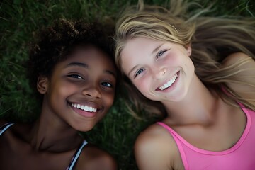 Fototapeta premium Two young women with different ethnicities lying on green grass looking up at the camera and smiling brightly