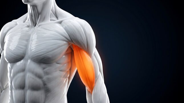 3D anatomical rendering of a male upper body with the biceps muscle highlighted in orange, illustrating human musculature.