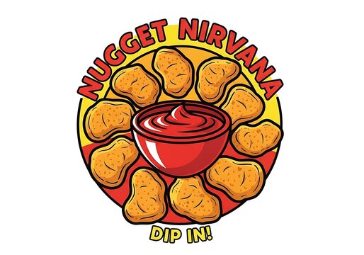 Cartoon chicken nugget circle logo with a bowl of red dipping sauce and text label