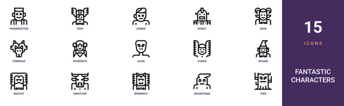 Set of 15 outline web Fantastic Characters icons such as tree, boogeyman, werewolf, minotaur, bigfoot, wizard, icarus vector icons for report, presentation, diagram, web design, mobile app
