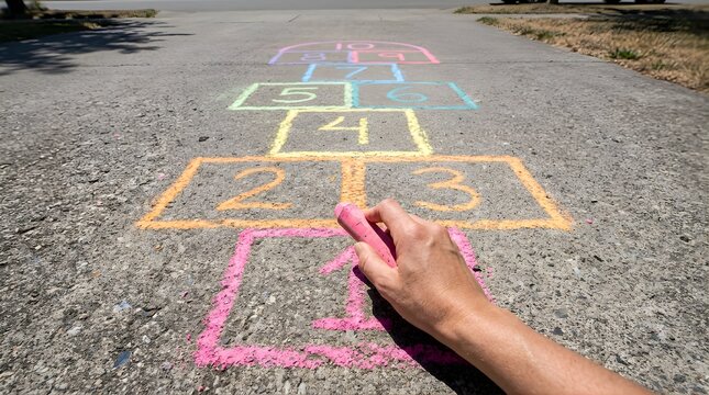 Hand drawing a colorful hopscotch game with chalk on asphalt pavement