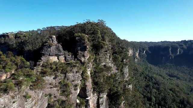 Aerial View of the Iconic Three Sisters Rock Formation in Jamison Valley, Blue Mountains National Park, Katoomba, Australia