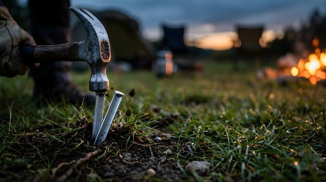 Hand hammering a tent stake into the ground at a campsite during sunset