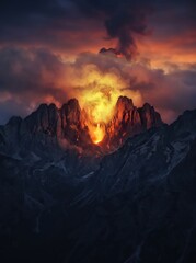 Fototapeta premium A dramatic vertical landscape photograph capturing the raw power of a volcanic eruption, with glowing lava and a massive smoke plume rising from jagged mountain peaks at sunset.