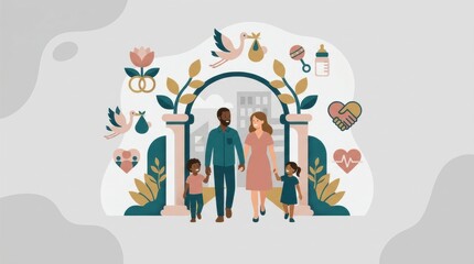 Fototapeta premium A family walks through an arch symbolizing support for family building. Icons around show benefits like health, care, and love common in workplaces.