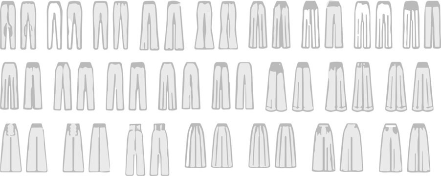 Comprehensive set of women's pants and trousers flat sketches vector templates for fashion design tech packs