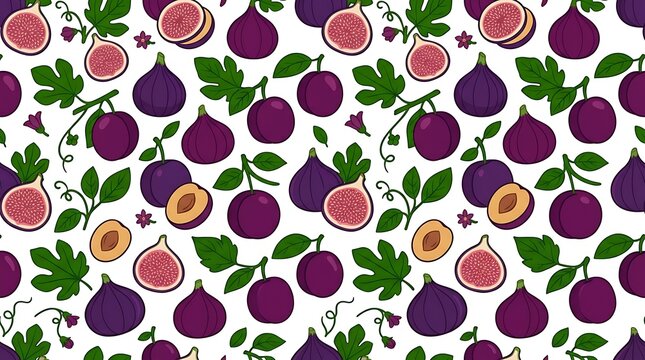Purple figs and plums with green leaves in a seamless pattern
