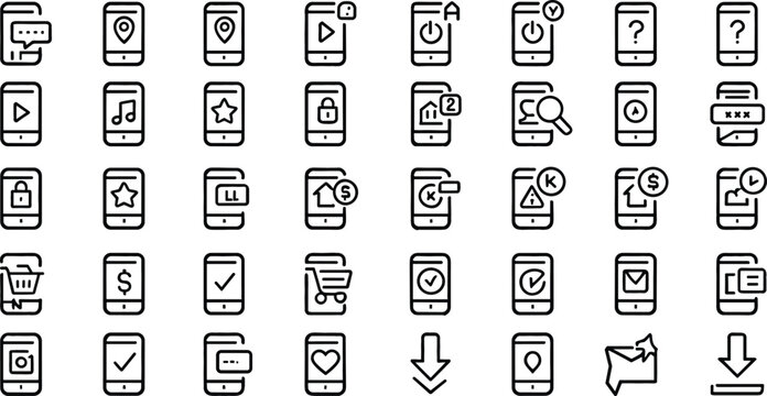 Mobile application outline icon set featuring smartphone user interface elements for business navigation shopping and digital communication