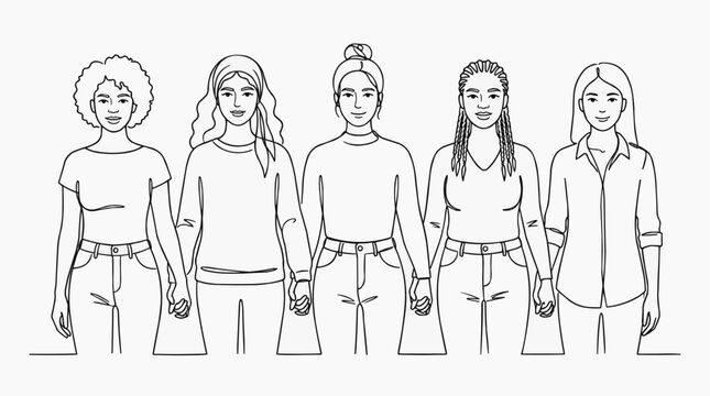 Diverse group of women holding hands in solidarity and unity line art illustration isolated on white background