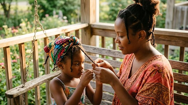 Mother braiding daughter's hair on a porch swing