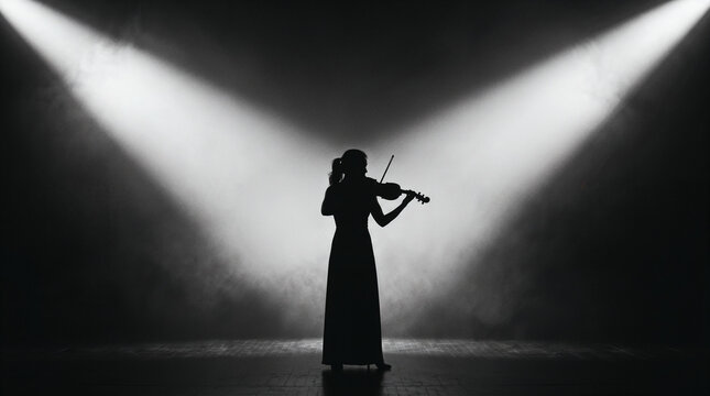 The dramatic silhouette of a violinist performing alone on a dark stage under bright spotlights, an elegant scene of classical music, talent and live performance.