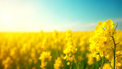 Obraz premium Bright yellow rapeseed canola flowers bloom in close up against a clear blue sky, a vibrant spring scene of agriculture, oilseed crops and floral beauty.