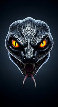 A menacing close-up of a snake's head with glowing orange eyes