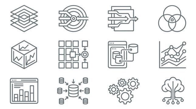 Abstract data structure and network flow diagram icons.