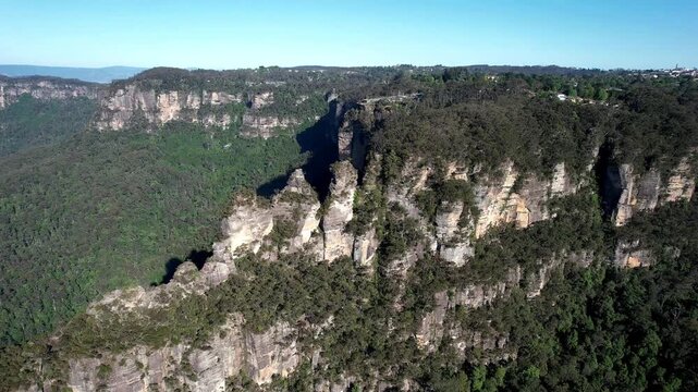 Aerial View of the Iconic Three Sisters Rock Formation in Jamison Valley, Blue Mountains National Park, Katoomba, Australia
