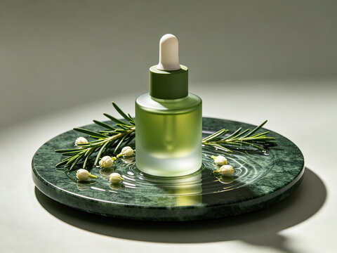 Serum glass dropper bottle, green marble tray, rosemary, skincare still life