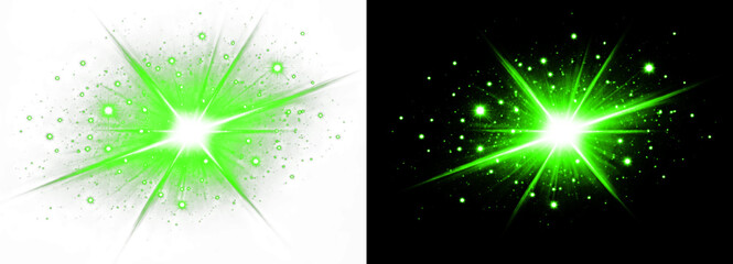 Fototapeta premium Glow effect with sparks, green explosion isolated on transparent background and black background, shiny glowing light starburst with particles.