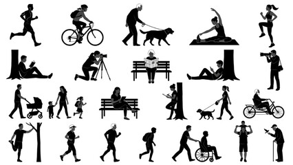 Obraz premium Park Lifestyle People Silhouette Collection with Walking Running Cycling Yoga Vector Set