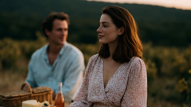 Romantic couple picnicking in golden-hued vineyard at dusk