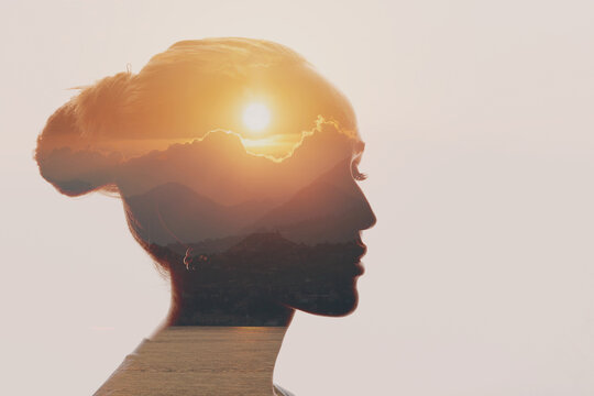 Psychology and meditation. Positive woman enjoy harmony inner peace and awareness in nature experience. Peaceful calmness freedom and mindfulness of mind concept.